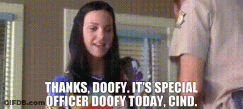 A Woman Is Talking To A Police Officer And Says Thanks Doofy It 'S Special Officer Doofy Today Cind . GIF