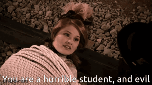 A Woman Is Tied Up With A Rope And The Words " You Are A Horrible Student And Evil " Are Next To Her GIF
