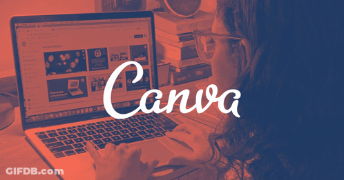 A Woman Is Typing On A Laptop With A Canva Logo In The Foreground GIF