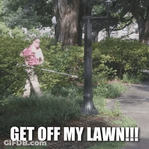 A Woman Is Using A Lawn Mower In A Park With The Caption " Get Off My Lawn " GIF