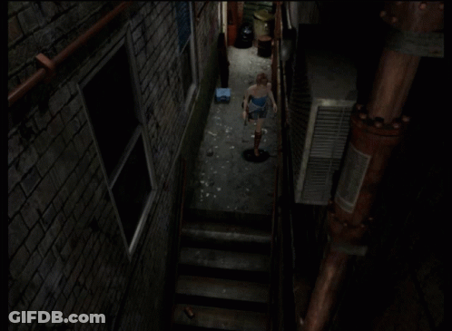 A Woman Is Walking Down A Set Of Stairs In A Dark Alleyway GIF