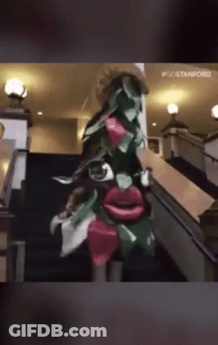 A Woman Is Walking Down A Set Of Stairs Wearing A Costume Made Out Of Flowers GIF