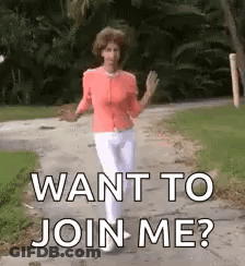A Woman Is Walking Down A Sidewalk With The Words `` Want To Join Me ? '' Written On It . GIF