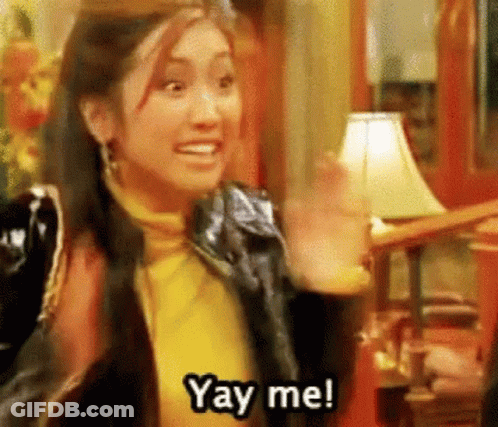A Woman Is Waving Her Hand And Saying `` Yay Me ! '' GIF