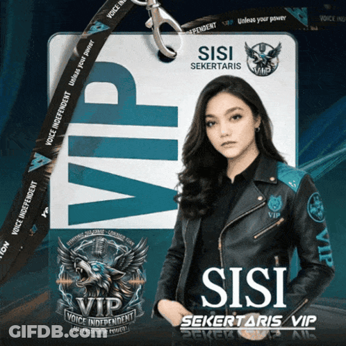 A Woman Is Wearing A Black Jacket And A Lanyard That Says Sisi GIF