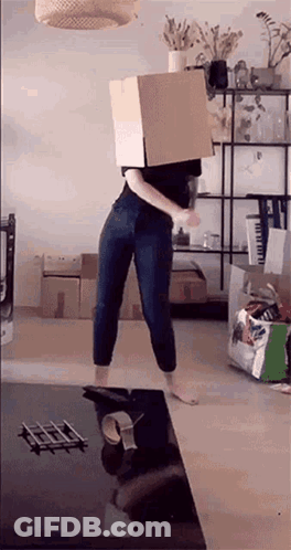 A Woman Is Wearing A Cardboard Box On Her Head . GIF