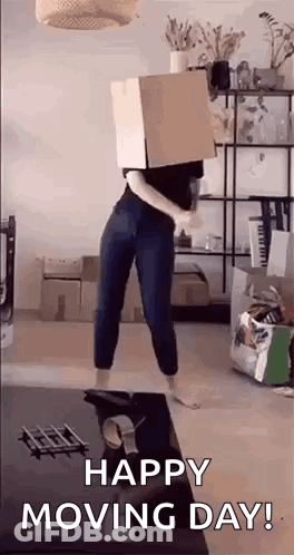 A Woman Is Wearing A Cardboard Box On Her Head . GIF