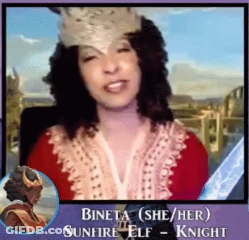 A Woman Is Wearing A Crown And Holding A Sword And The Name Bineta Is On The Bottom GIF