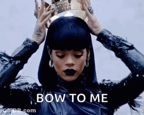 A Woman Is Wearing A Crown On Her Head And The Words Bow To Me Are On The Bottom Of The Image . GIF