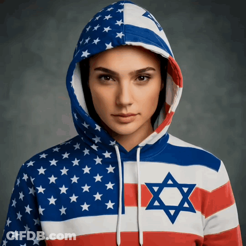 A Woman Is Wearing A Hoodie With An American Flag And A Jewish Star On It GIF