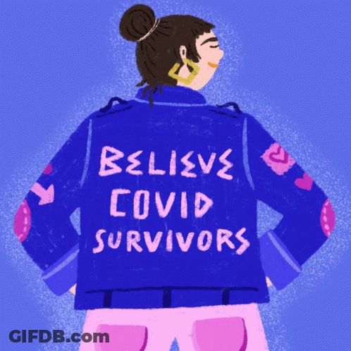 A Woman Is Wearing A Jacket That Says Believe Covid Survivors GIF