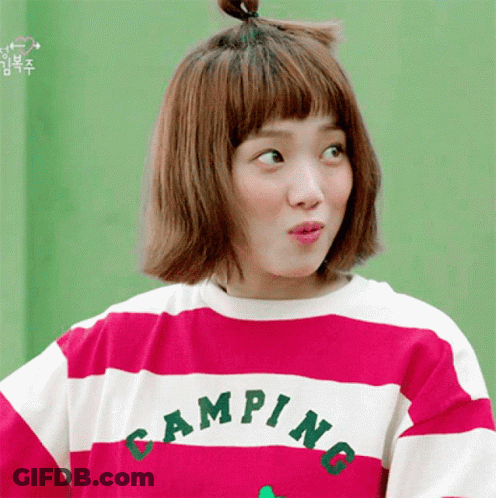 A Woman Is Wearing A Pink And White Striped Shirt That Says Camping GIF