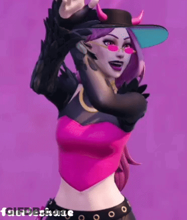 A Woman Is Wearing A Pink Top And A Hat With Horns On It . GIF