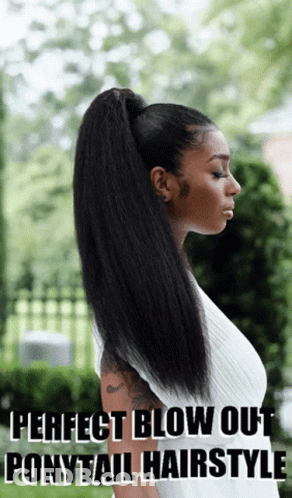 A Woman Is Wearing A Ponytail Hairstyle With The Words Perfect Blow Out Ponytail Hairstyle Above Her GIF