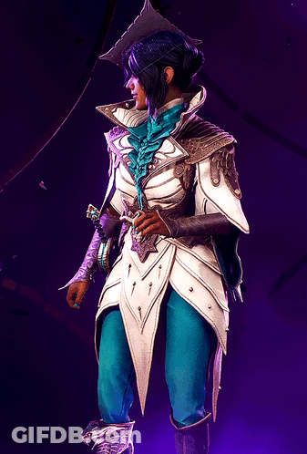 A Woman Is Wearing A White And Blue Outfit With A Purple Background GIF