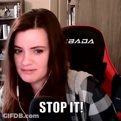A Woman Is Wearing Headphones And Sitting In A Gaming Chair With The Words Stop It Written On Her Face . GIF