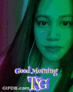 A Woman Is Wearing Headphones And The Words Good Morning Tsg Are Above Her GIF
