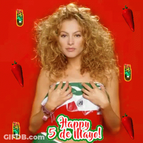 A Woman Is Wrapped In A Mexican Flag And The Words Happy 5 De Mayo Are Surrounded By Tacos GIF