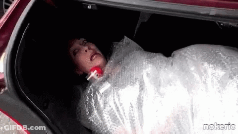 A Woman Is Wrapped In Bubble Wrap In The Back Of A Car . GIF