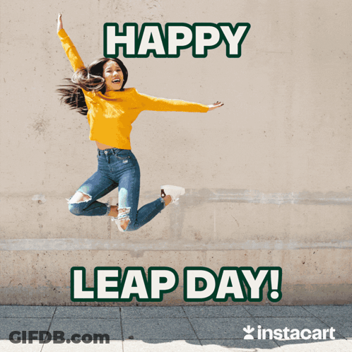 A Woman Jumping In The Air With The Words Happy Leap Day GIF