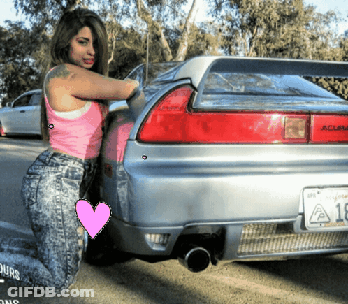 A Woman Kneeling In Front Of A Silver Acura GIF