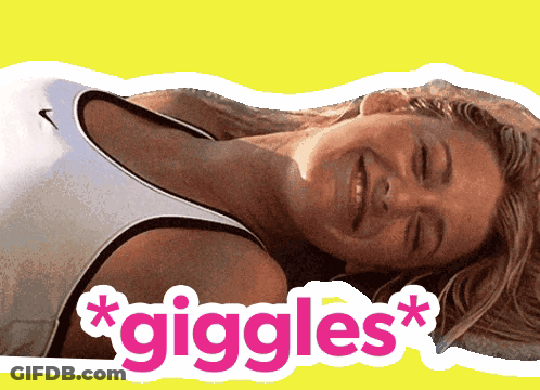 A Woman Laying Down With The Words * Giggles * Written On The Bottom GIF
