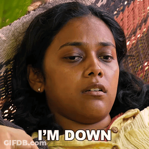A Woman Laying In A Hammock With The Words I 'M Down Above Her GIF