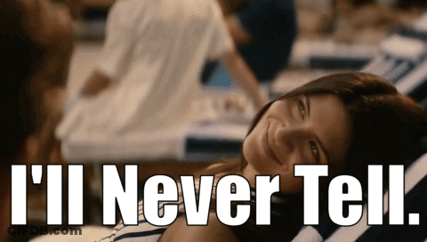 A Woman Laying On A Beach Chair With The Words I 'Ll Never Tell GIF