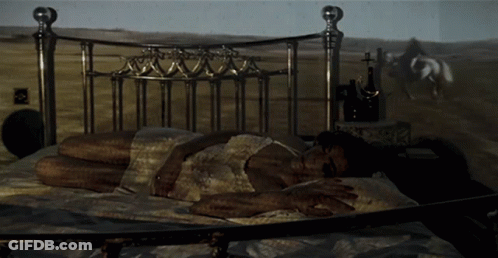 A Woman Laying On A Bed With A Picture Of A Horse On The Wall Behind Her GIF