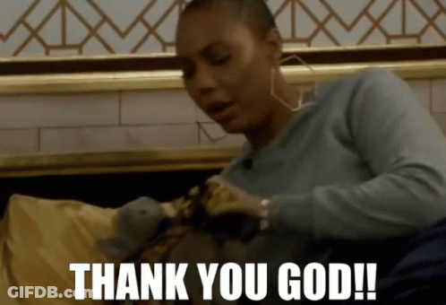 A Woman Laying On A Bed With The Words Thank You God On The Bottom GIF