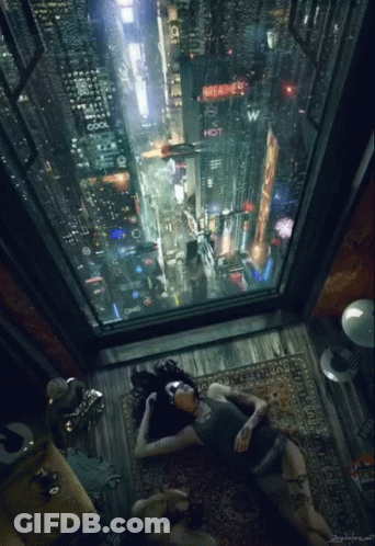 A Woman Laying On The Floor In Front Of A Window With A Sign That Says Steamer Hot GIF