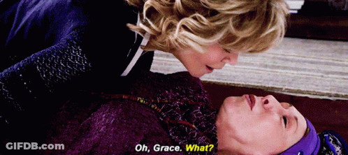 A Woman Laying On The Floor Talking To Another Woman With The Words Oh Grace What GIF