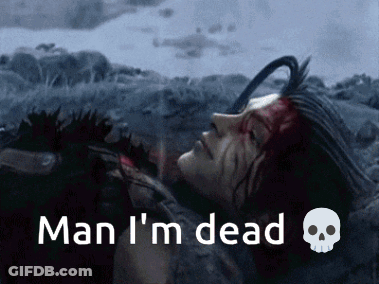 A Woman Laying On The Ground With Blood On Her Face And The Words Man I 'M Dead Above Her GIF