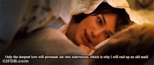 A Woman Laying Under A Blanket With The Words Only The Deepest Love Will Persuade Me Into Matrimony Written Below Her GIF
