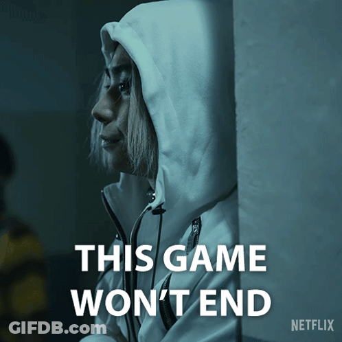 A Woman Leaning Against A Wall With The Words " This Game Won 'T End " On The Bottom GIF
