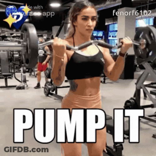 A Woman Lifting A Barbell In A Gym With The Words Pump It Below Her GIF