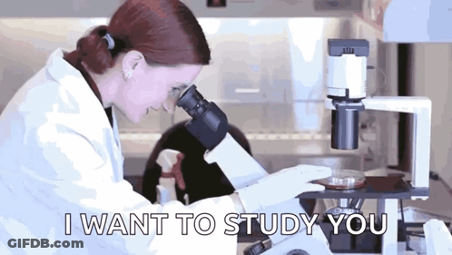 A Woman Looking Through A Microscope With The Words " I Want To Study You " Written Below Her GIF