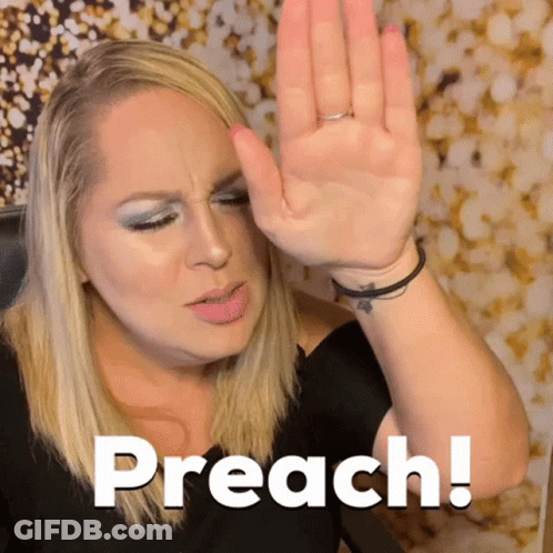 A Woman Making A Face With Her Hand And The Words Preach Written Below Her GIF