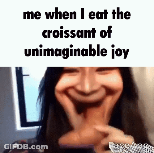 A Woman Making A Funny Face While Eating A Croissant Of Unimaginable Joy GIF