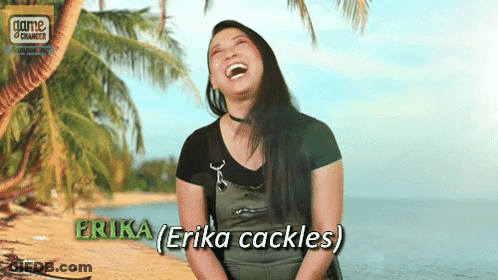 A Woman Named Erika Is Laughing On A Beach With Palm Trees GIF