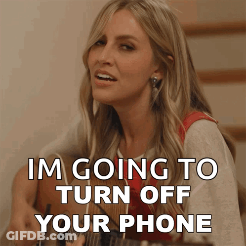 A Woman Playing A Guitar With The Words Im Going To Turn Off Your Phone GIF