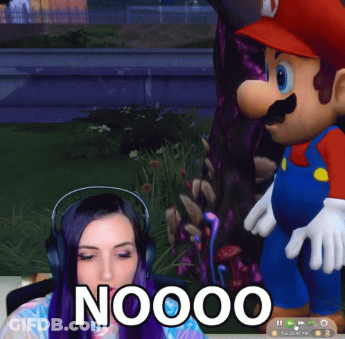 A Woman Playing A Video Game With A Mario Mascot Behind Her That Says Noooo GIF