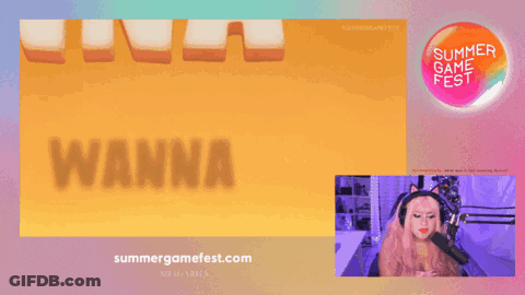 A Woman Playing A Video Game With The Words Summer Game Fest GIF