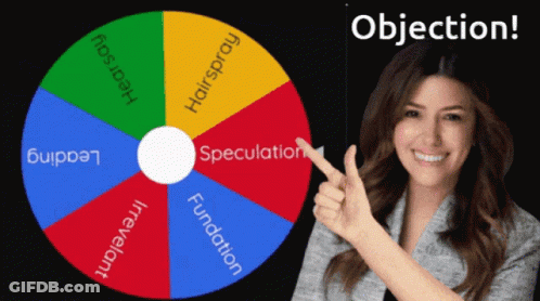 A Woman Pointing At A Spinning Wheel That Says Objection On It GIF
