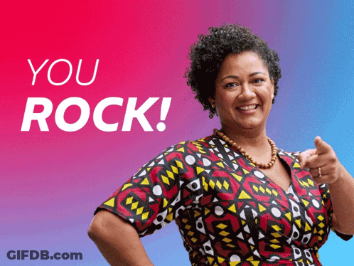 A Woman Pointing At The Camera With The Words " You Rock " In The Background GIF