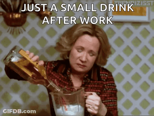 A Woman Pouring A Small Drink Into A Pitcher That Says Just A Small Drink After Work GIF