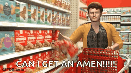 A Woman Pushing A Shopping Cart In A Grocery Store With The Words Can I Get An Amen Written On The Bottom GIF