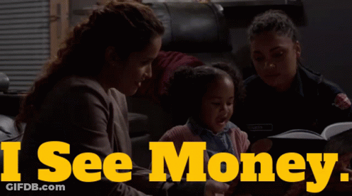 A Woman Reading A Book To Two Children With The Words I See Money GIF