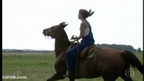 A Woman Riding A Brown Horse In A Field GIF