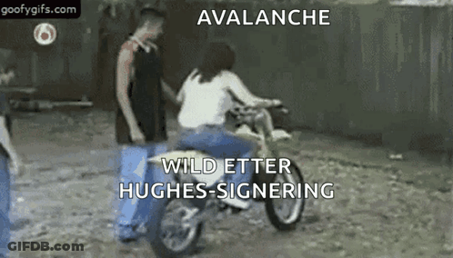 A Woman Riding A Dirt Bike With The Words Avalanche Wild Etter Hughes-Signing GIF